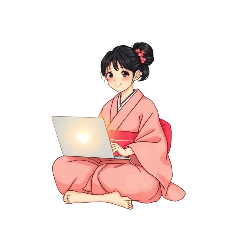 Young coder in a kimono with laptop